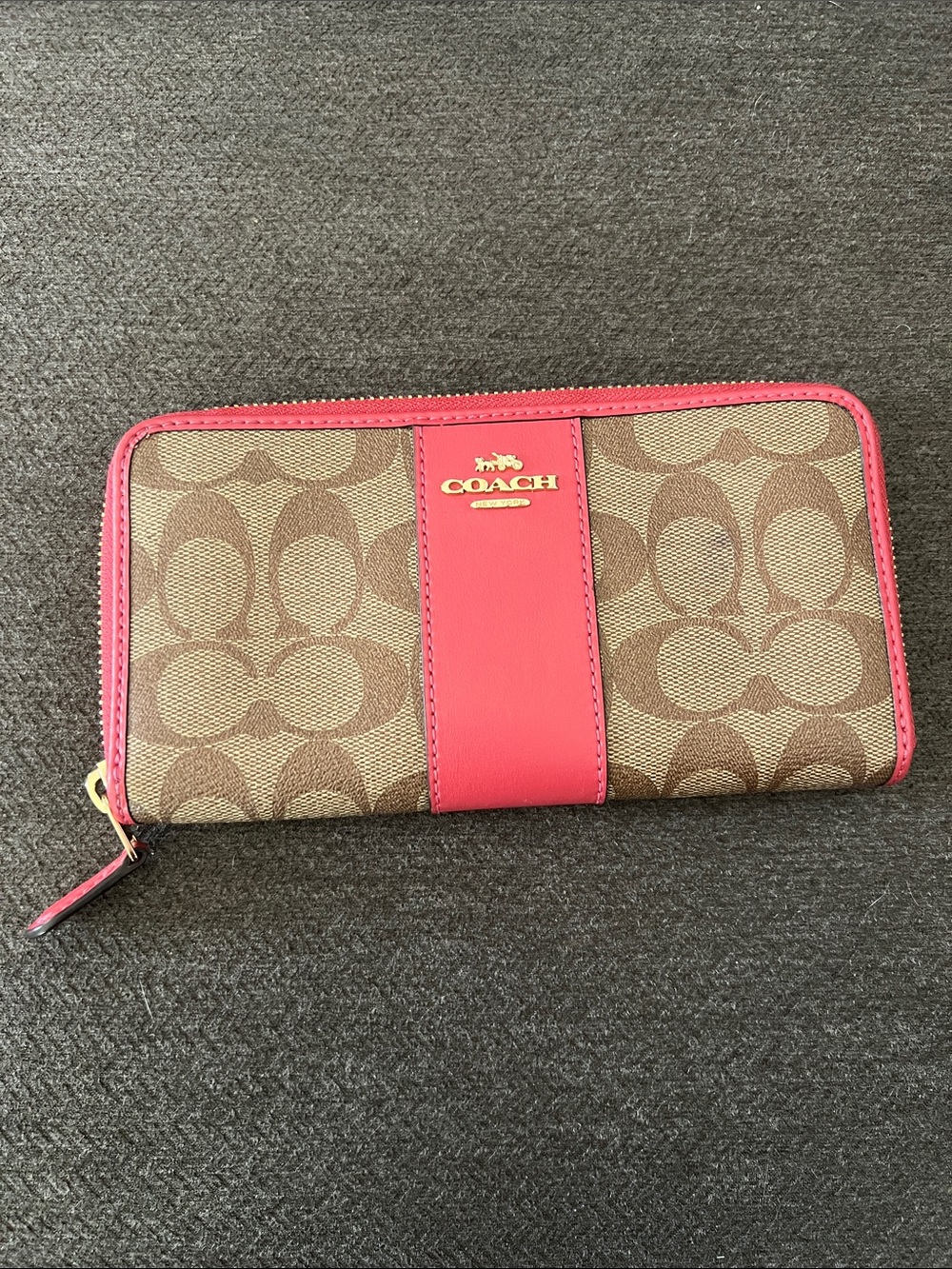 Coach Signature Canvas Zip Wallet - Brown Canvas with Pink Trim